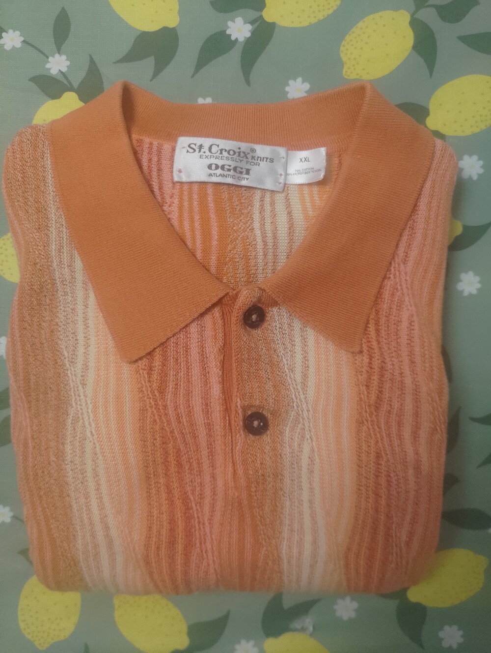 St. Croix x Oggi orange and peach textured striped button up polo shirt